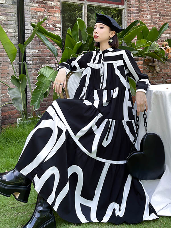 Loose Stand Collar Printed A-Line Midi Dress