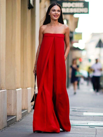 Red Loose Wide Leg Tube Jumpsuits