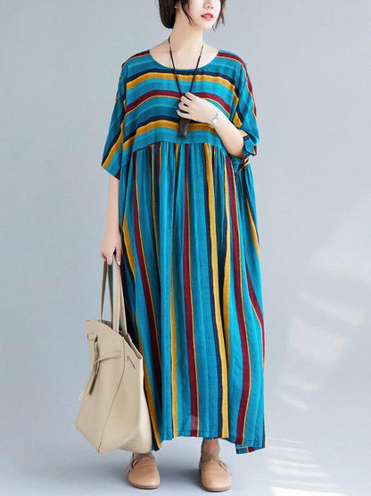 Loose Retro Striped Round-neck Long Dress