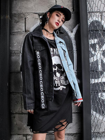 Hip-hop Printed Split-joint Lapel Denim Jacket