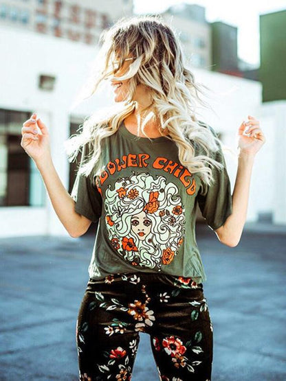 Simple 2Color Flower Child Printed T-Shirts Tops