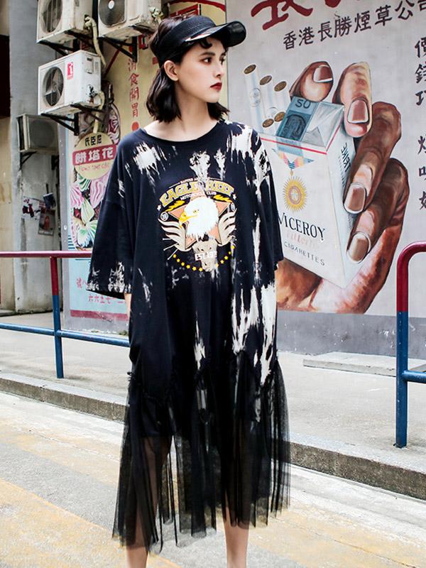 Mesh Split-joint Loose Printed Dress