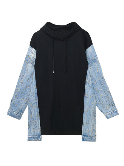 Original Stylish Loose Denim Split-Joint Hooded Long Sleeves Hoodies
