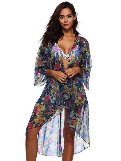 Chiffon Flared Sleeves Printed Cover-Ups