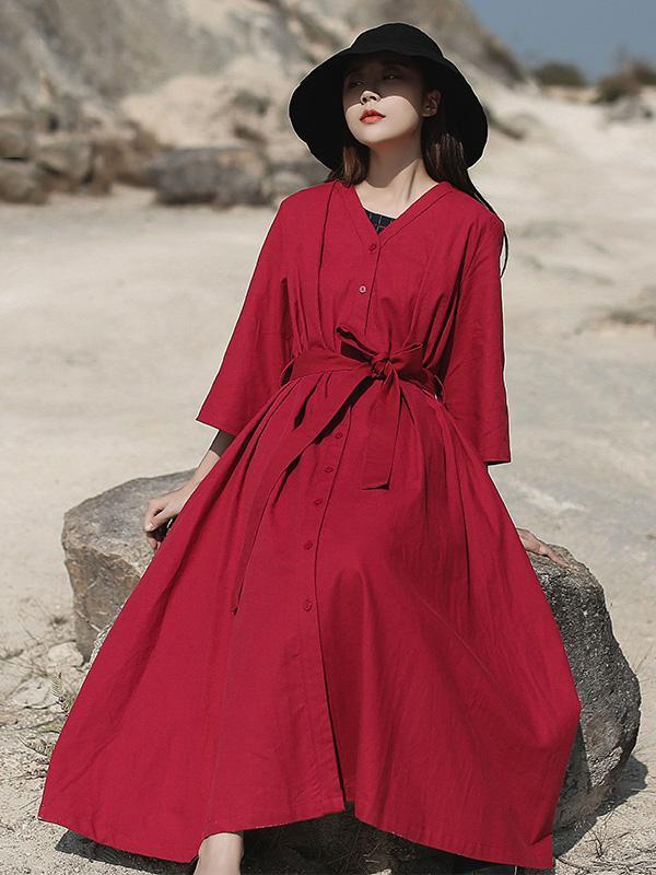 Artistic Retro Solid V-Neck Dress