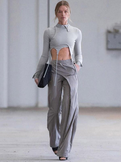 Solid Navel Exposed False Two Tight-Fitting Tops
