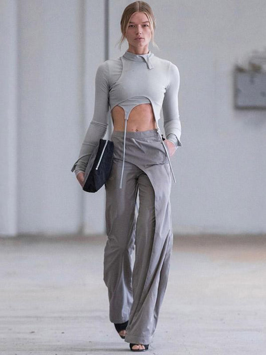 Solid Navel Exposed False Two Tight-Fitting Tops