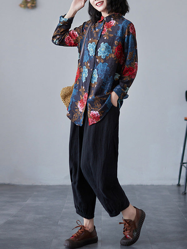 Artistic Retro Floral Printed Buttoned Lapel Collar Long Sleeves Blouse