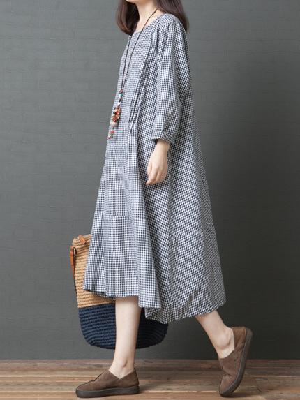 Loose Plaid Round-neck Long Sleeves Dress