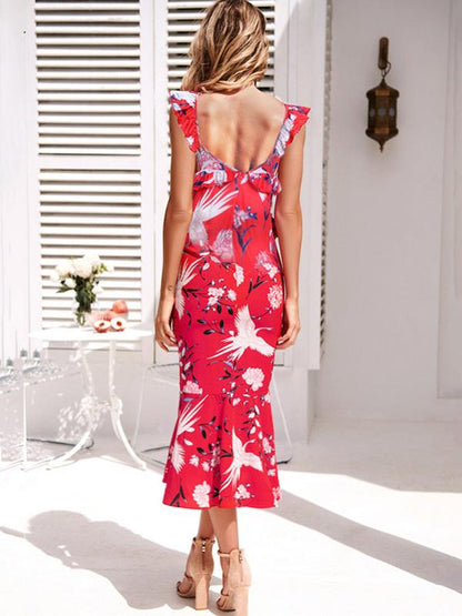 V-neck Floral Printed Chic Midi Dress