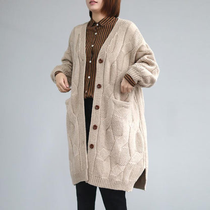 Buykud Casual Solid Color V-neck Thick Cardigan Sweater