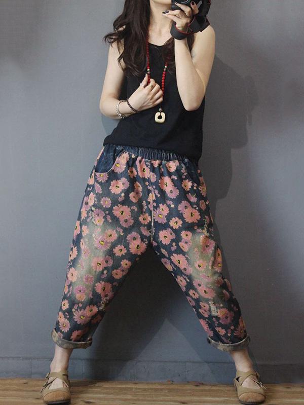 Vintage Floral Elastic Waist Harem Jean Pants