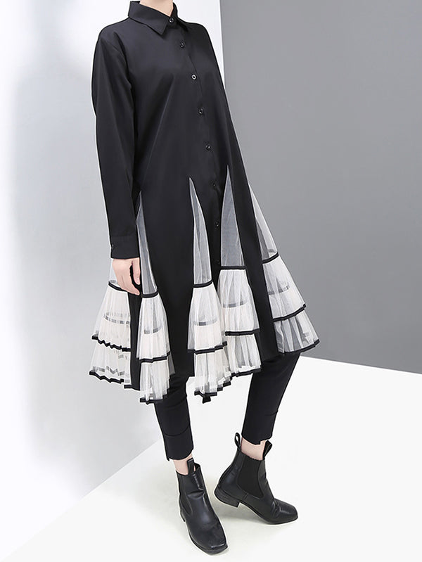 Loose Stitching Mesh Lapel Dress