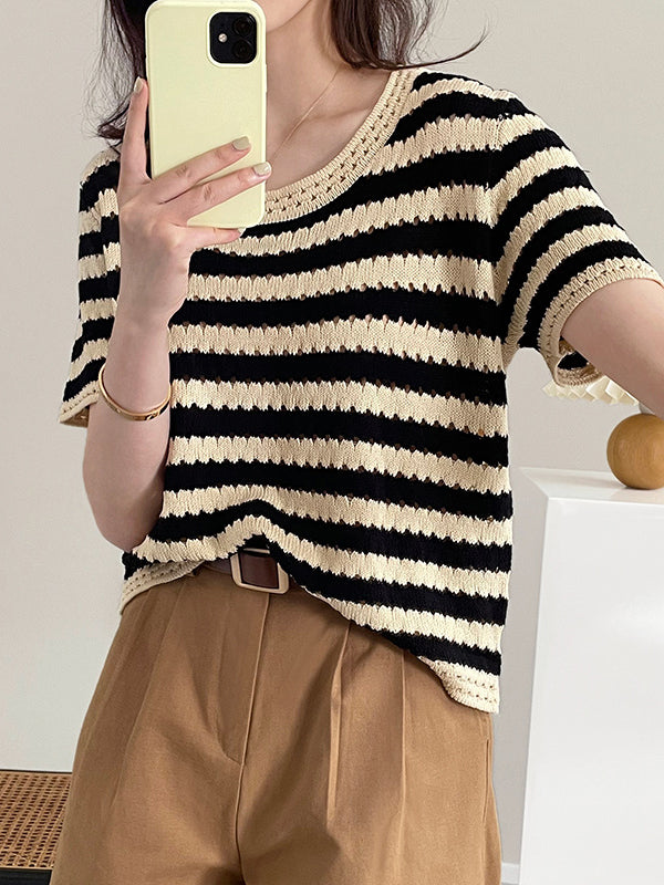 Simple Black White Contrast Color Striped Knitting T-Shirt