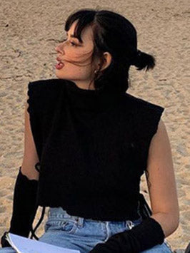 Knitted Hollowed Drawstring Solid Color Tops - kailaple