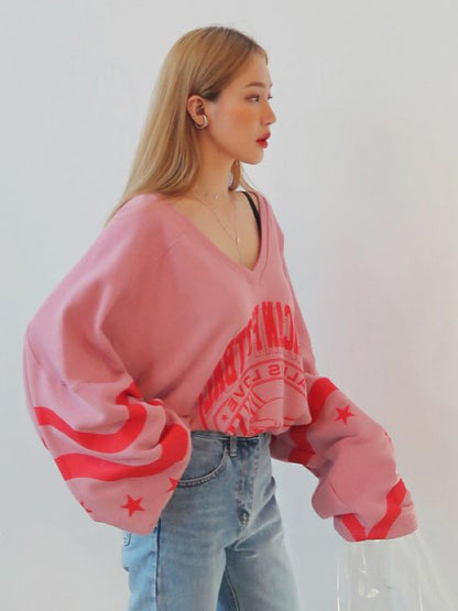 LOOSE PRINTED V-NECK SWEATSHIRT
