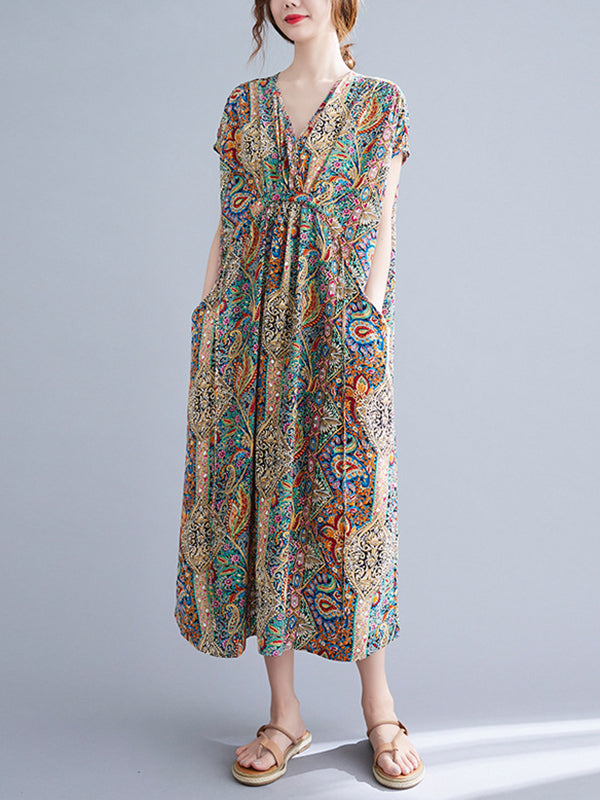 Original Artistic Retro Loose Floral Printed Vacation Midi Dress