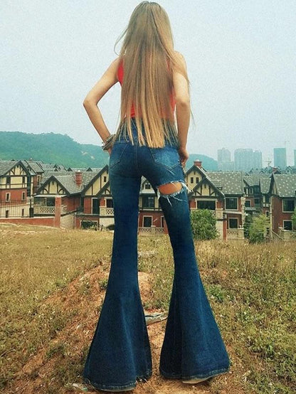 Denim Leg Shredded Bell-Bottom Pants