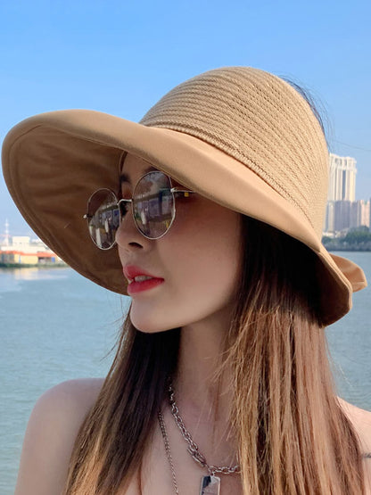 Stylish Solid Color Split-Joint Bow-Embellished Sun-Protection Large Wide Brim Knitted Hat