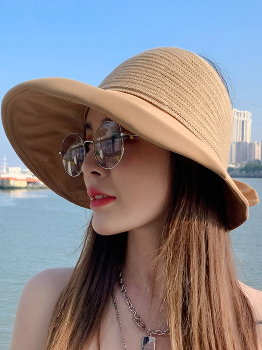 Stylish Solid Color Split-Joint Bow-Embellished Sun-Protection Large Wide Brim Knitted Hat