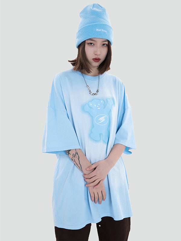 Vintage Round-Neck Bear Print Loose T-Shirts Tops