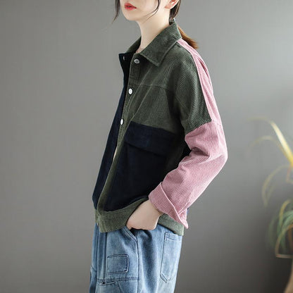 Buykud Turn-down Collar Contrast Color Retro Corduroy Coat