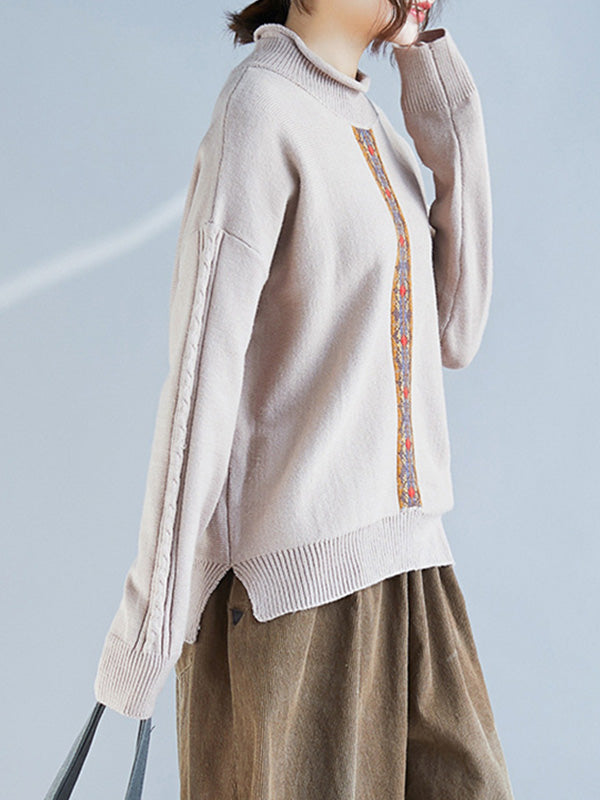 Casual Split-Side High-Neck Long Sleeves Sweater Tops