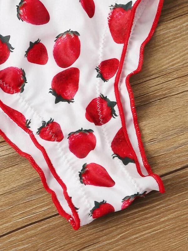 Strawberry Print Ruffled Triangle Split Bikini Swimsuit