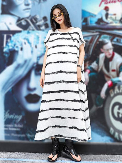 Loose Simple Striped Round-neck Long Dress