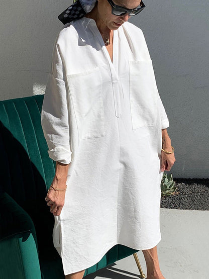 Loose Ramie Cotton Split-Side Long Sleeves V-Neck Midi Dress