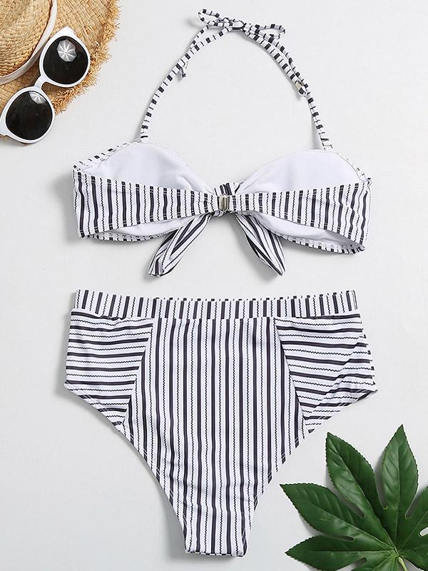Striped-Print Knotted Split Bikini Swimsuit