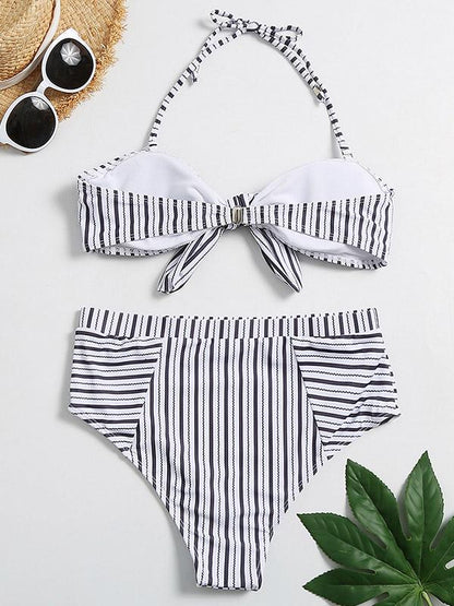 Striped-Print Knotted Split Bikini Swimsuit