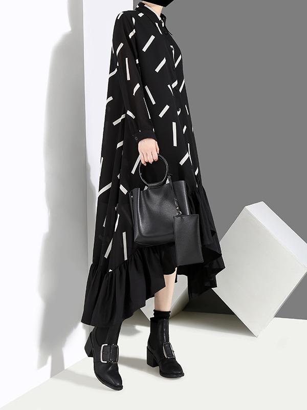 Printed Falbala Lapel Shirt Midi Dress