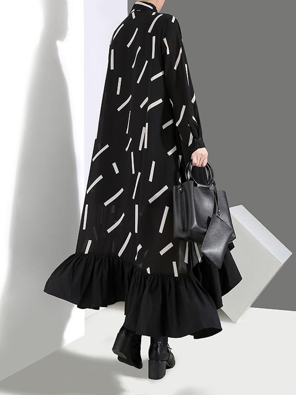 Printed Falbala Lapel Shirt Midi Dress