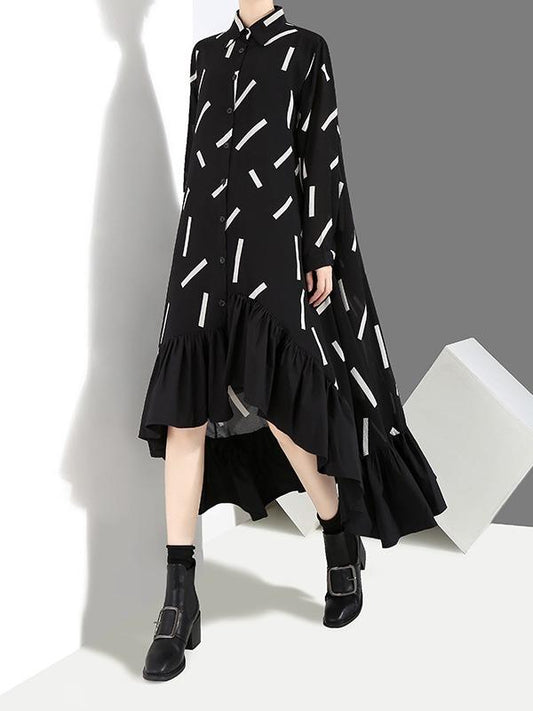 Printed Falbala Lapel Shirt Midi Dress