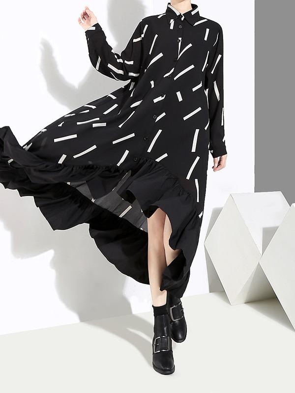 Printed Falbala Lapel Shirt Midi Dress
