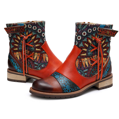 Printed leather midheel jeans boots