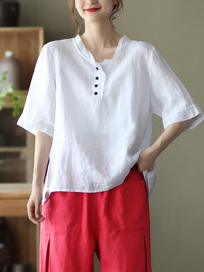Original Linen Solid Color Half Sleeve T-Shirts Tops