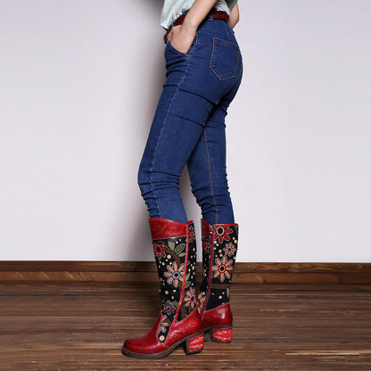 Casual vintage ethnic leather knee boots