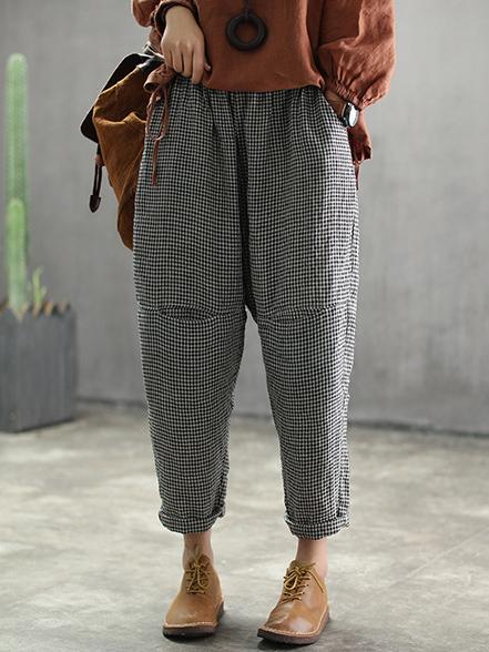 Vintage Split-joint Elasticity Ramie Cotton Harem Pants