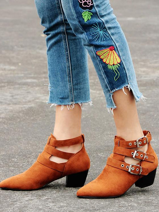 Vintage Hollow Buckle Pointed Booties