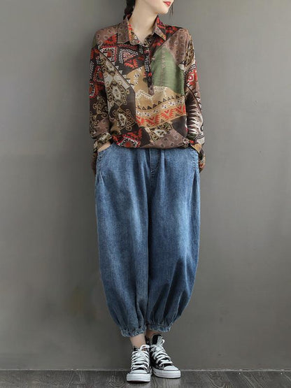 Artistic Retro Print Lapel Shirt Blouse Tops