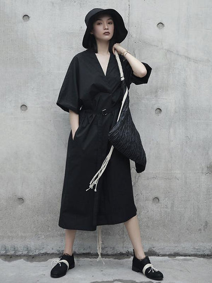 Solid V-neck Short Sleeves Dress