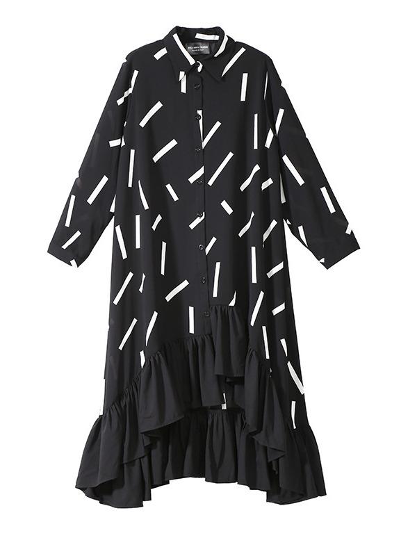 Printed Falbala Lapel Shirt Midi Dress