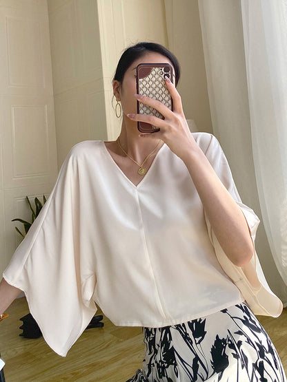 Chic Simple Solid Color Split-Joint V-Neck Batwing Sleeves T-Shirt