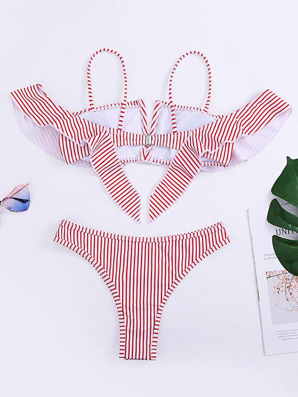 Striped-Print Falbala Split Bikini Swimsuit
