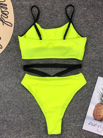 Spaghetti-neck Fluorescein Bikini Swimsuit