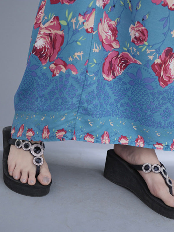 Loose Floral Printed V-Neck Short Sleeves Maxi Dress