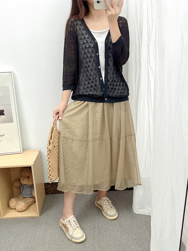 Loose Solid Color Linen Hollow Knitting Cardigan Top