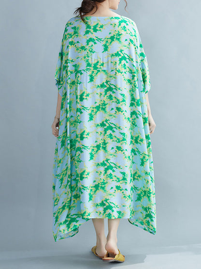 Stylish Printed Round-Neck Batwing Sleeve Midi Dress